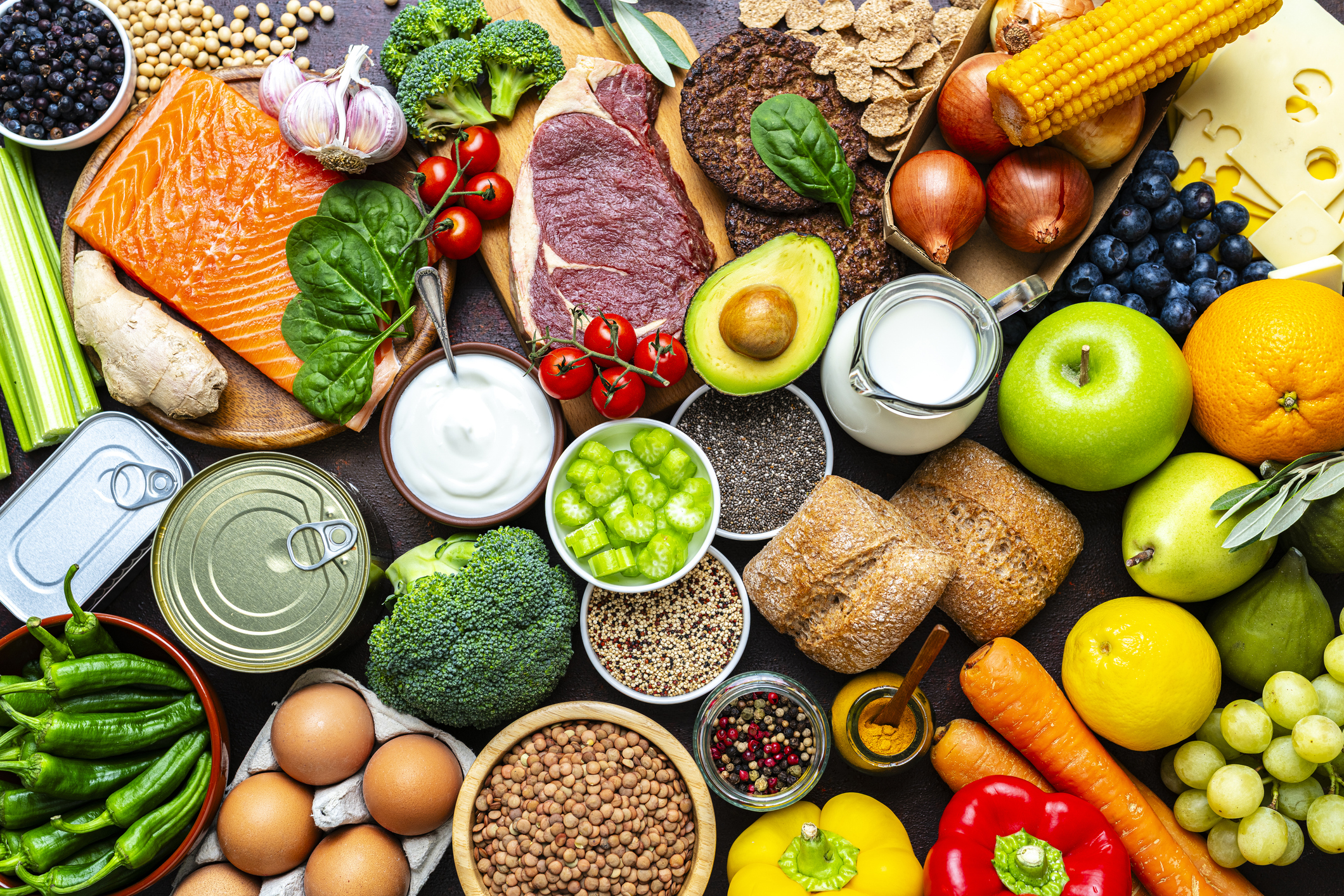 Large group of raw food for a well balanced diet. Includes carbohydrates, proteins and dietary fiber
